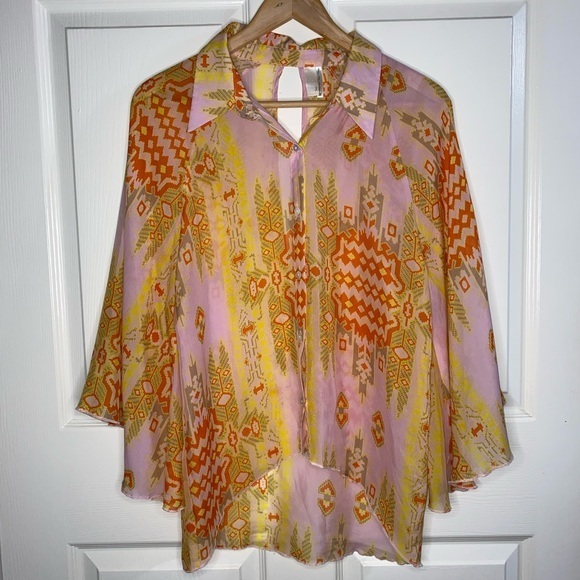 Line & Dot BOHO Orange Pink Yellow Blouse, 100% silk blouse - Picture 1 of 7